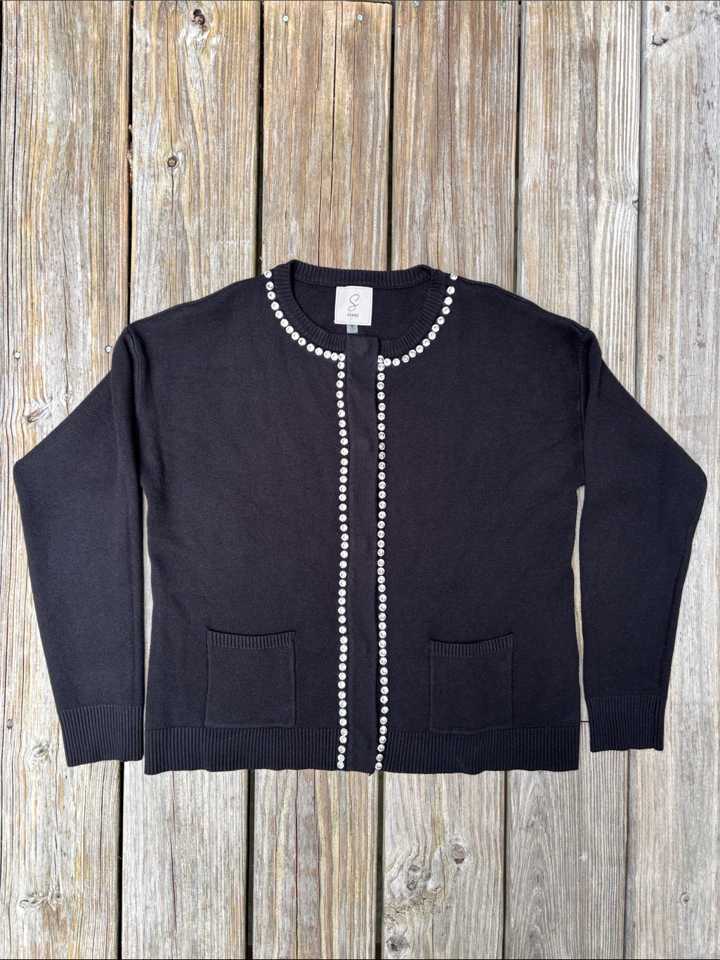 Sioni | Black Elegant Evening Formal Glam Knit Rhinestone Cardigan | Size M